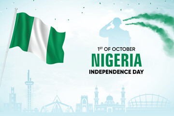 Nigeria Flag Waving With Army Soldier and Air Show On Skyline Background. Independence Day Concept Design Vector Illustration.