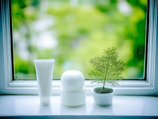 Minimalist skincare product display featuring small fern plant by a bright window