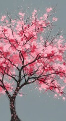 Fototapeta premium Pink cherry blossom tree illustration, abstract art, gray background