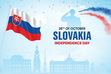 Slovakia Flag Waving With Army Soldier and Air Show On Skyline Background. Independence Day Concept Design Vector Illustration.