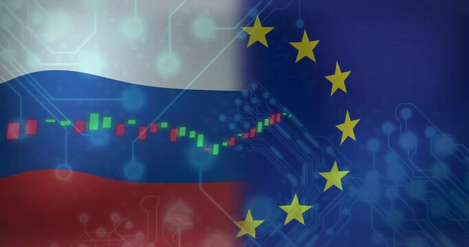 After circuits fading in, candlestick chart animating, linking Russia and EU flags waving