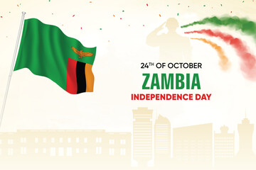 Zambia Flag Waving With Army Soldier and Air Show On Skyline Background. Independence Day Concept Design Vector Illustration.