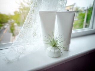 Elegant arrangement of skincare tubes and air plant on bright windowsill setting