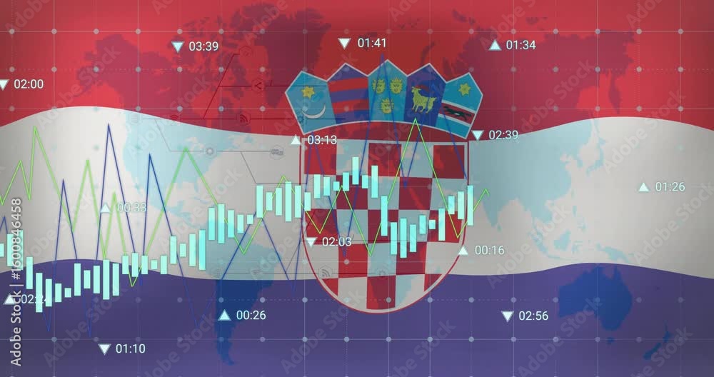 Poster on start croatian flag crest waving chart bars fluctuating and stabilizing representing market data