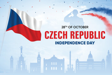 Czech Republic Flag Waving With Army Soldier and Air Show On Skyline Background. Independence Day Concept Design Vector Illustration.