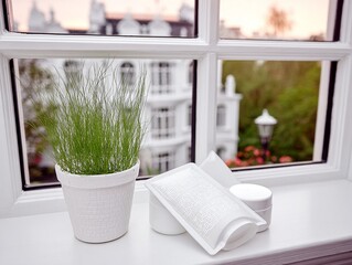 Serene Window Still Life with Green Plant and Cosmetic Packaging Display