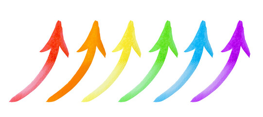 Set of arrows red, orange, yellow, green, blue, purple color watercolor isolated on white background with clipping path. LGBT symbol and rainbow gradient arrows. Design element.