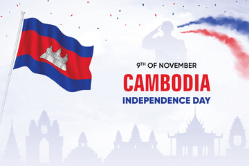 Cambodia Flag Waving With Army Soldier and Air Show On Skyline Background. Independence Day Concept Design Vector Illustration.