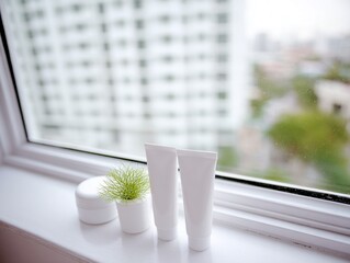 Minimalist skincare product arrangement with window background showcasing urban landscape vista
