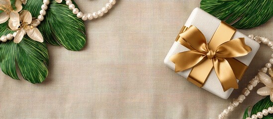 Fototapeta premium Elegant 3D Gift Box with Gold Ribbon and Leaves on Linen Background for Product Display and E-commerce Banner