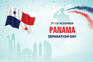 Panama Flag Waving With Army Soldier and Air Show On Skyline Background. Separation Day Concept Design Vector Illustration.