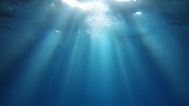 A dramatic underwater scene from the deep sea looking up, as powerful sunbeams pierce the dark blue water from the bright surface