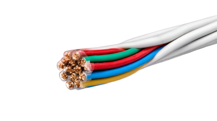 Multicolored wires inside white cable close up view electrical wiring power supply