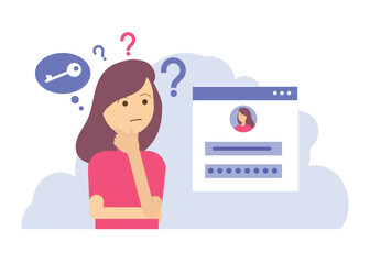 Confused woman forgetting her password for web page. User assistance and password reset services. Authorization and identification