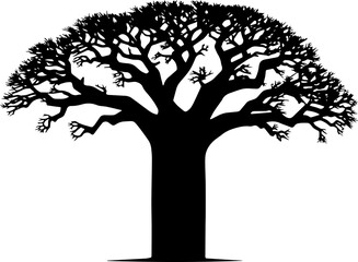 Silhouette of a majestic baobab tree on a white background - pure form and natural grace. Minimalistic, for decor, prints and design. Suitable for nature and eco-style.