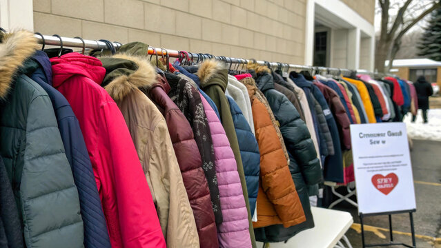 A collection of winter clothes hangs on a rack outside. The variety of jackets symbolizes care and support in the cold season. The photo reflects the theme of charity and good deeds.