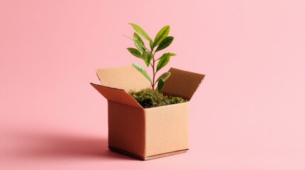 Fototapeta premium Beautiful photo of small Green Plant Growing in Open Brown Cardboard Box on Pink Background.