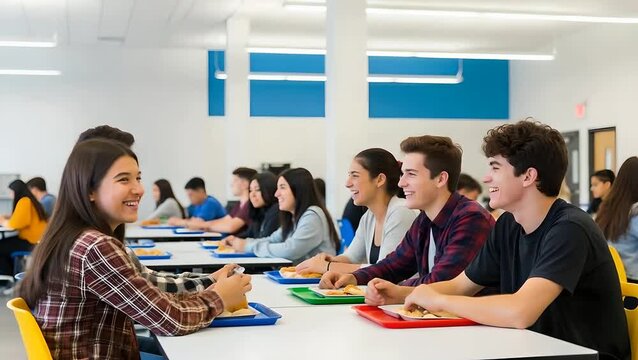 High school students laugh, converse at lunch. Education, cafeteria, diversity themes. Great for teen lifestyle, back to school ads, educational services promo, youth content.
