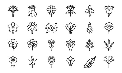 Collection of 24 Minimalist Flower and Botanical Icons in Black Line Art Style on White Background – Simple, Elegant Silhouette Floral Vector Set for Nature, Garden, Spa, Organic, and Eco Design Proje