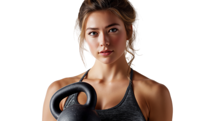 Athletic Woman Holding Kettlebell on White Background