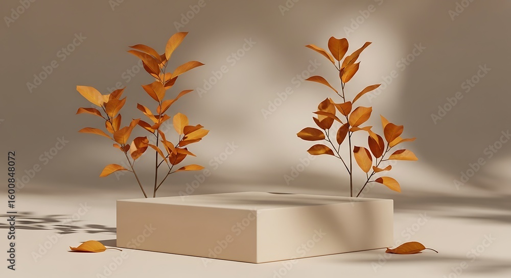 Aufkleber minimalist scene with podium platform and decorative branch accents for product showcase or presenta