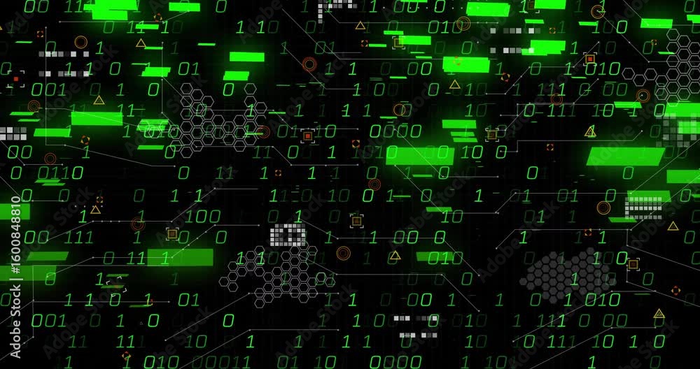 Poster black sparking green binary digits forming pulsing bars and streaming data for virtual network view