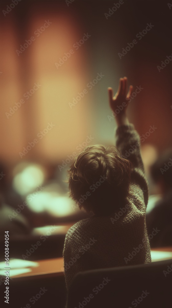 Poster child raising hand in classroom during interactive learning session in the evening