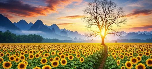 Stunning sunrise over a field of sunflowers
