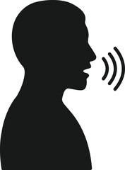 Voice Communication Icon – Black Silhouette of Speaking Person with Sound Wave Lines on Transparent Background