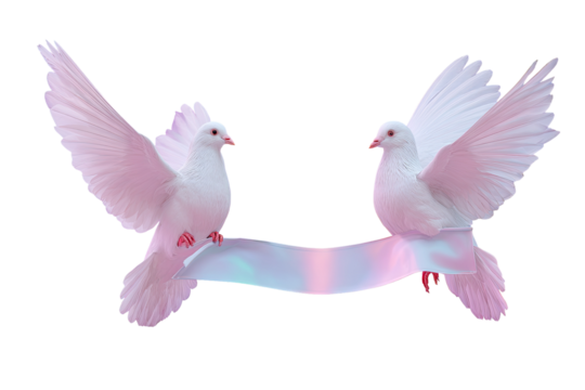Two white doves in flight, holding a ribbon