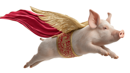 Fantasy Flying Pig with Golden Wings and Red Cape Isolated