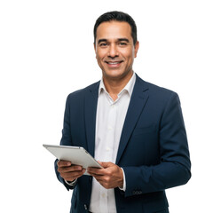Smiling businessman with tablet isolated on transparent background