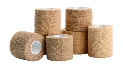 Beige medical bandages stacked neatly for sale