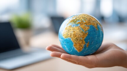 Person Holding Globe in Office Setting with Laptops and Plants