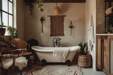 Bohemian bathroom interior with clawfoot tub, natural light, and earthy decor for relaxation