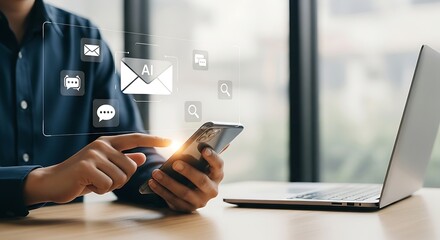 Person using mobile device with artificial intelligence email, communication, and search icons overlayed for virtual assistant services.