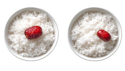 Two white bowls of cooked rice, each topped with a red date