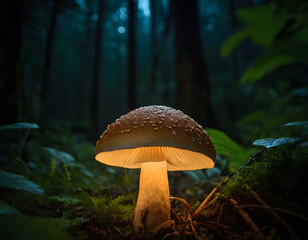 mushroom in the jungle, glowing mushroom in the night background, mushroom in the forest