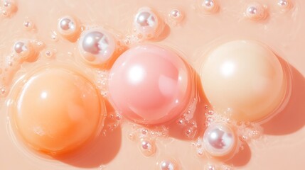 Creamy pastel colors and pearls in water create a dreamy, luxurious beauty treatment scene