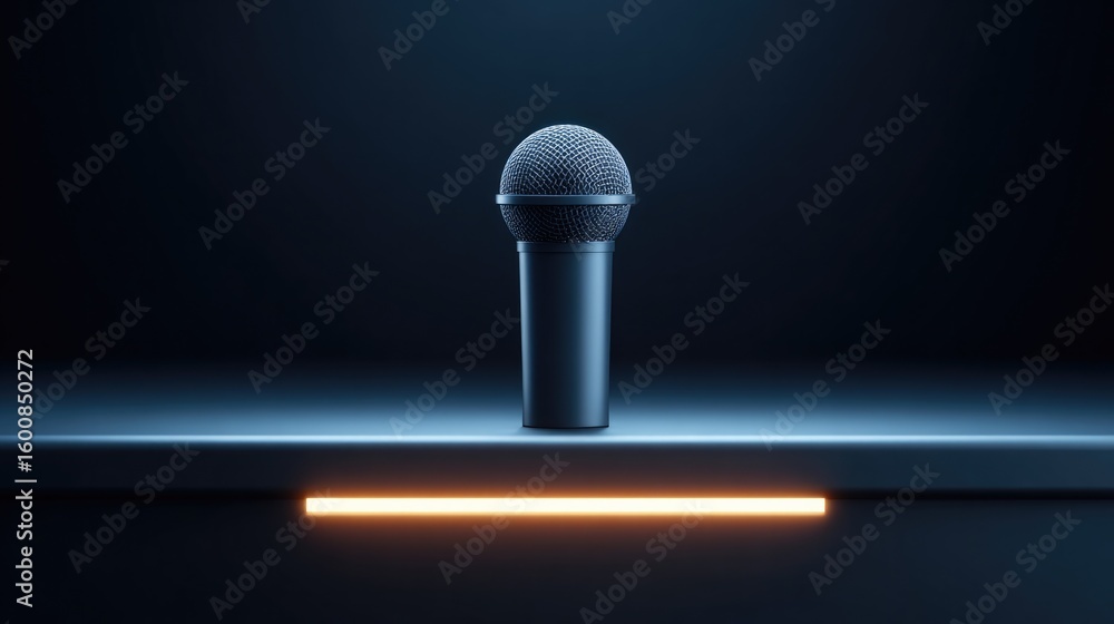 Poster minimalistic image capturing single podium microphone faced by empty auditorium suggesting calm befo