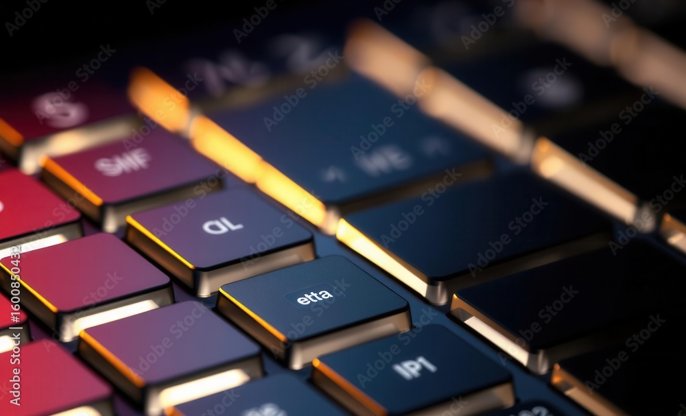 Poster close-up of metallic keyboard keys with vibrant backlight emphasizing textures and reflections vibra