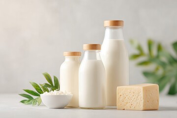 minimalistic white kitchen table showcases elegant array of plant-based milk and alternative products