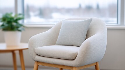 serene minimalist scene of empty therapy room with comfortable chair and small table