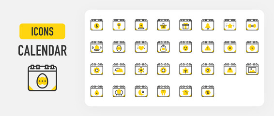 Set of Calendar vector stroke icons. such as Delete, Checked, Star, Alarm Bell, Picture, Workout, Summer, Heart, Smile, Spring, Clouds, Danger, Dentist, Easter Egg, Funeral, Graduation illustration.	
