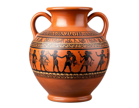 Ancient Greek ceramic vase with mythological painting, isolated on a transparent background
