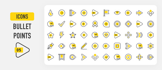 Set of Bullet points vector stroke icons. such as Arrow, Check, Bullet Point, Next, Number, Circle, Star, Plus illustration.	

