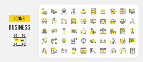Set of Business vector stroke icons. such as Saving, Analysis, Growth, Pie Chart, Bank, Revenue, Success, Tie, Projector, Fax, Money Bag, Bell, Startup, Award, Calendar, Pos Terminal illustration.	
