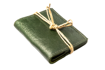 a green leather wallet with a rope tied to it