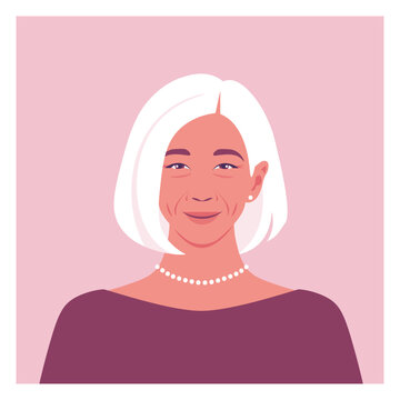 Portrait of a elderly Asian woman with a white hairstyle. The head of a happy grandfather. Vector flat illustration