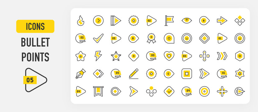 Set of Bullet points vector stroke icons. such as Arrow, Check, Bullet Point, Next, Number, Circle, Star, Plus illustration.	
